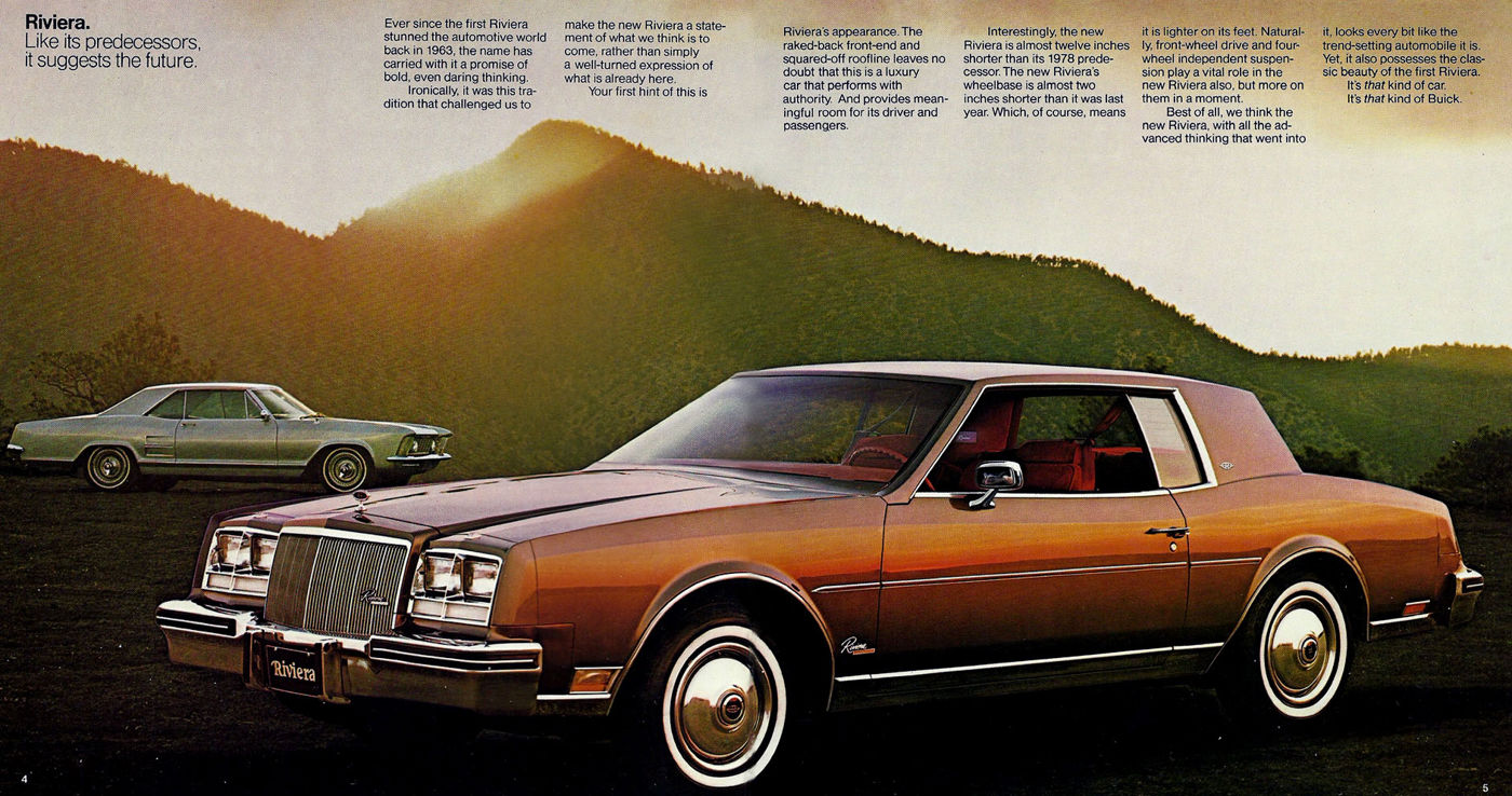 Brochure spread: brown 1979 front-drive Riviera, front three-quarter, with a 1963 Riviera in the background