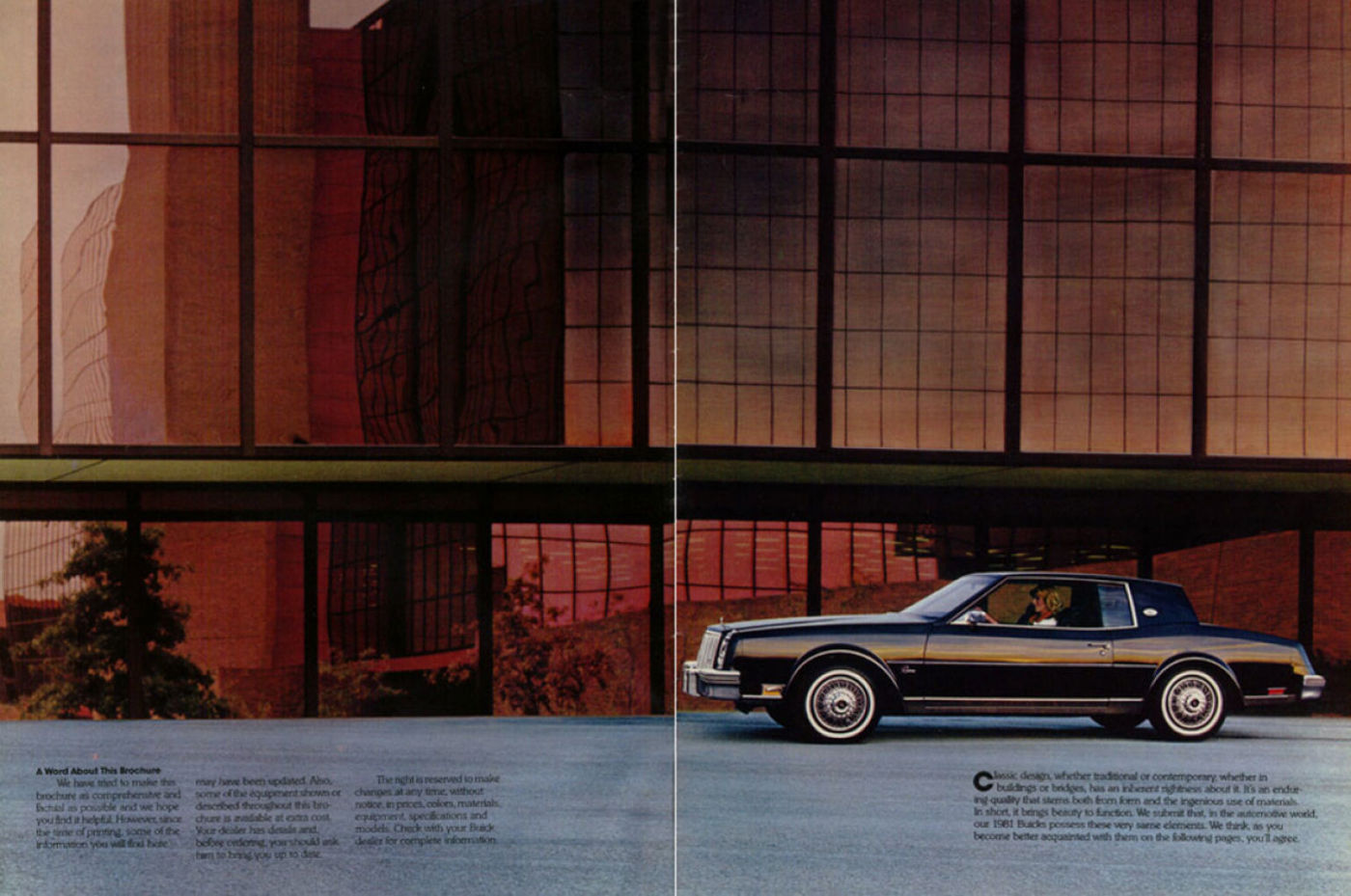 Brochure spread: dark 1981 Riviera coupe in side view before a glass-walled building