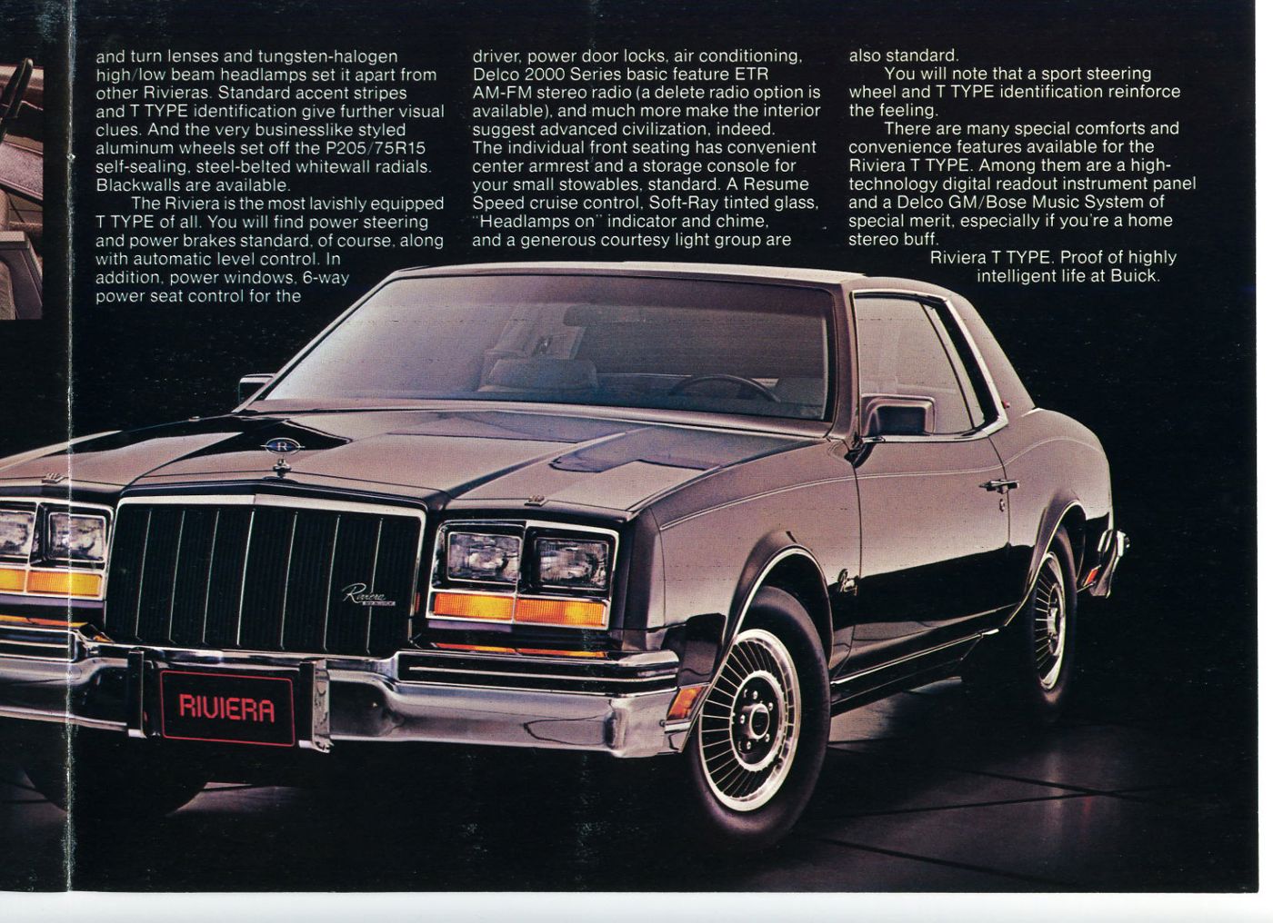 Brochure page: black and silver 1983 Riviera T Type coupe, front three-quarter