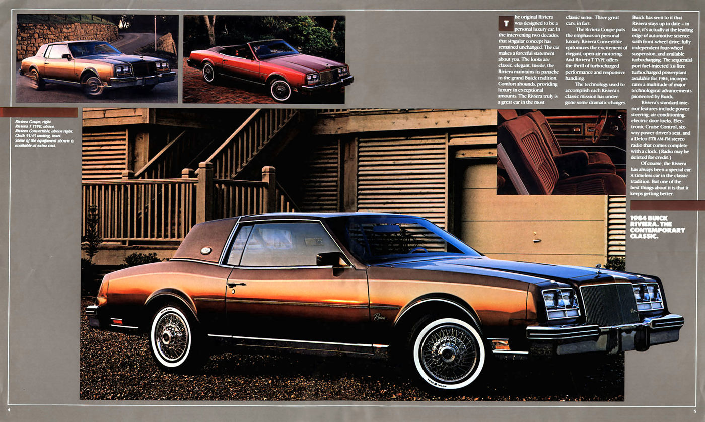 Brochure spread: two-tone 1984 Riviera coupe, front three-quarter, with insets of a coupe and a red Riviera convertible