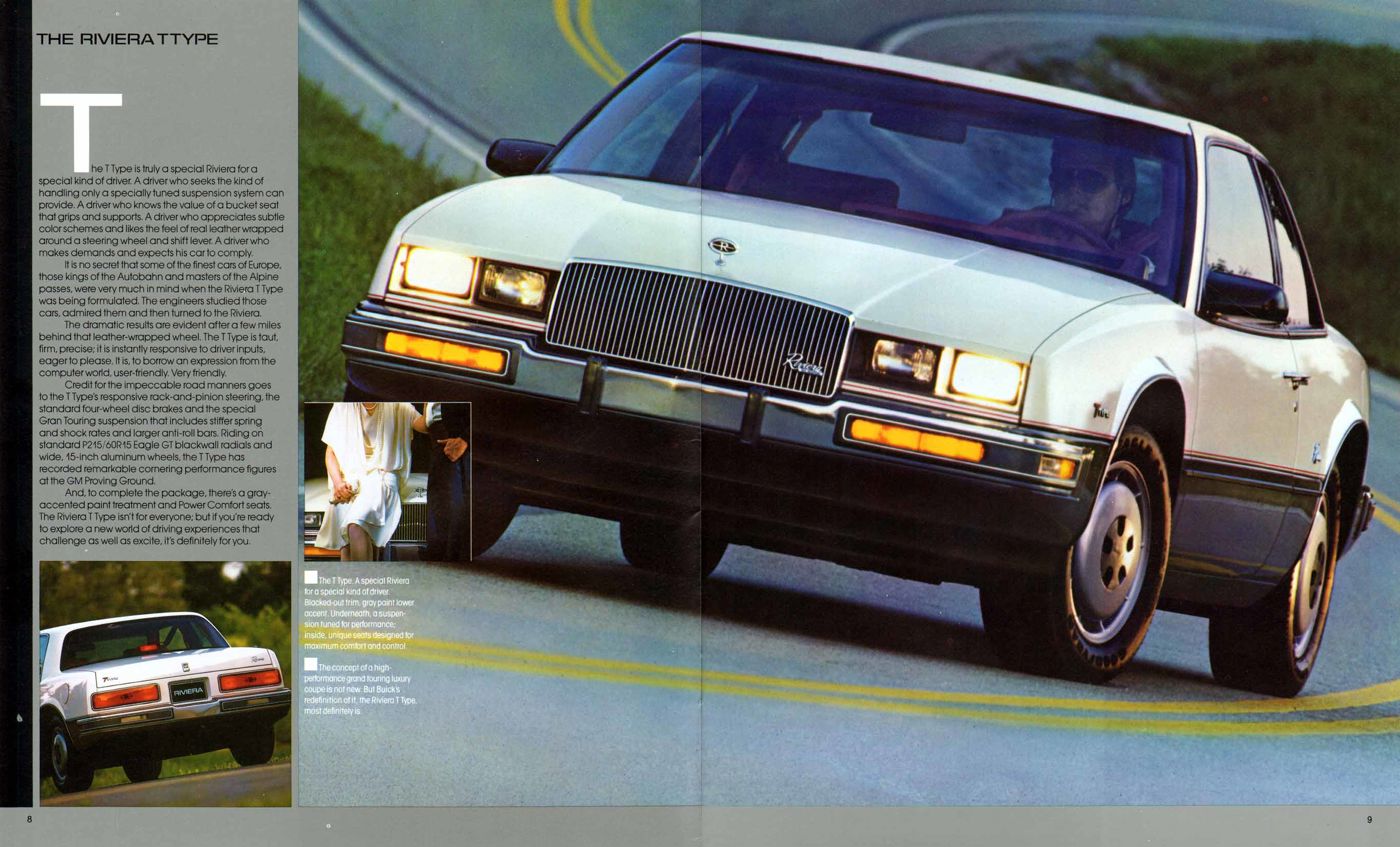 Brochure page: white-and-gray 1986 Riviera T Type cornering on a winding road