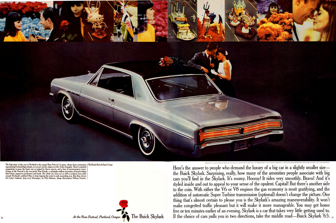 Brochure spread: silver 1965 Buick Skylark sport coupe, rear three-quarter, with a couple at the Portland Rose Festival