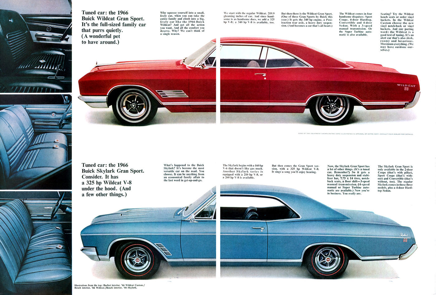 Brochure spread headed "Tuned car": red 1966 Wildcat Gran Sport above a blue 1966 Skylark Gran Sport, with interior insets