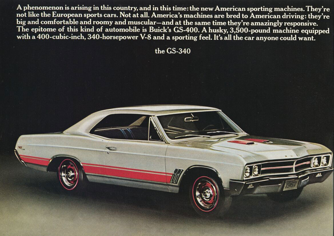 Brochure page: white 1967 Buick GS 340 with red stripe and red-line tires, front three-quarter, on black