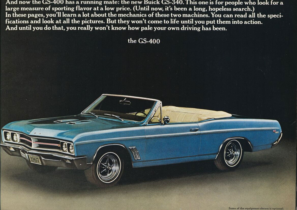 Brochure page: blue 1967 Buick GS 400 convertible, front three-quarter, on black
