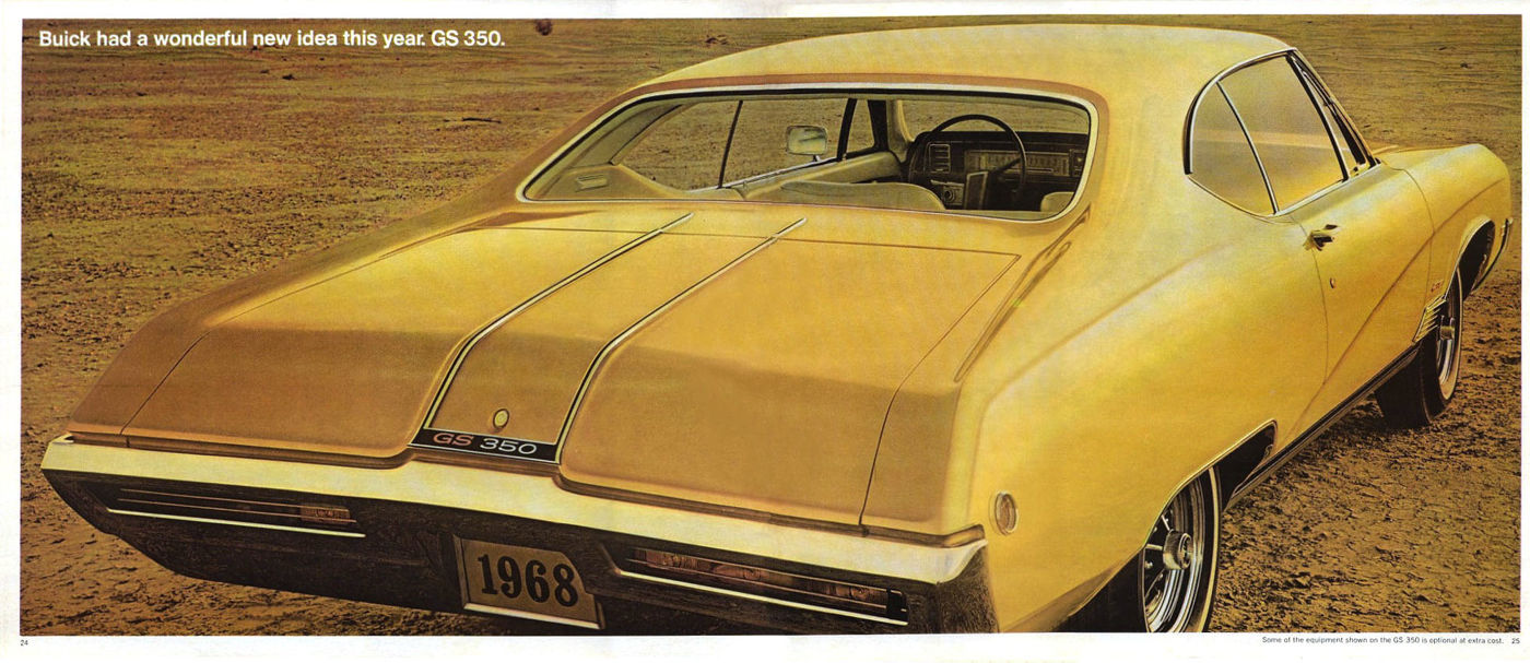 Brochure page: yellow 1968 Buick GS 350 from the rear, with GS 350 deck-lid badge