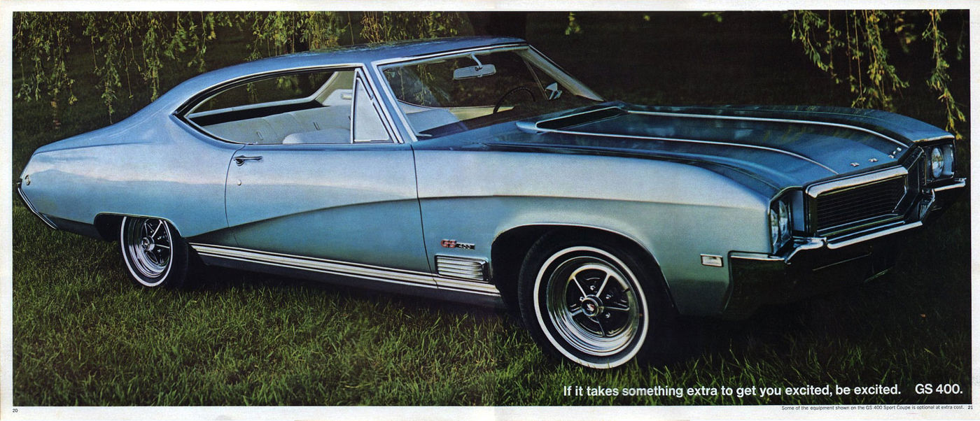 Brochure page: blue 1968 Buick GS 400 hardtop, front three-quarter, on grass