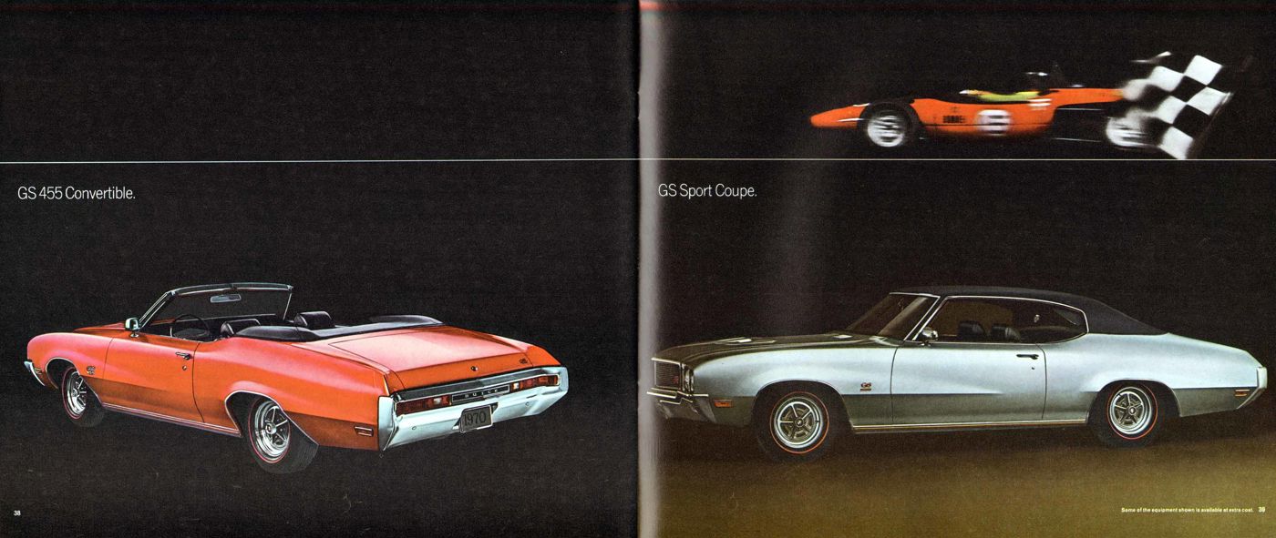 Brochure spread: orange 1970 GS 455 convertible and silver GS sport coupe with a race car above