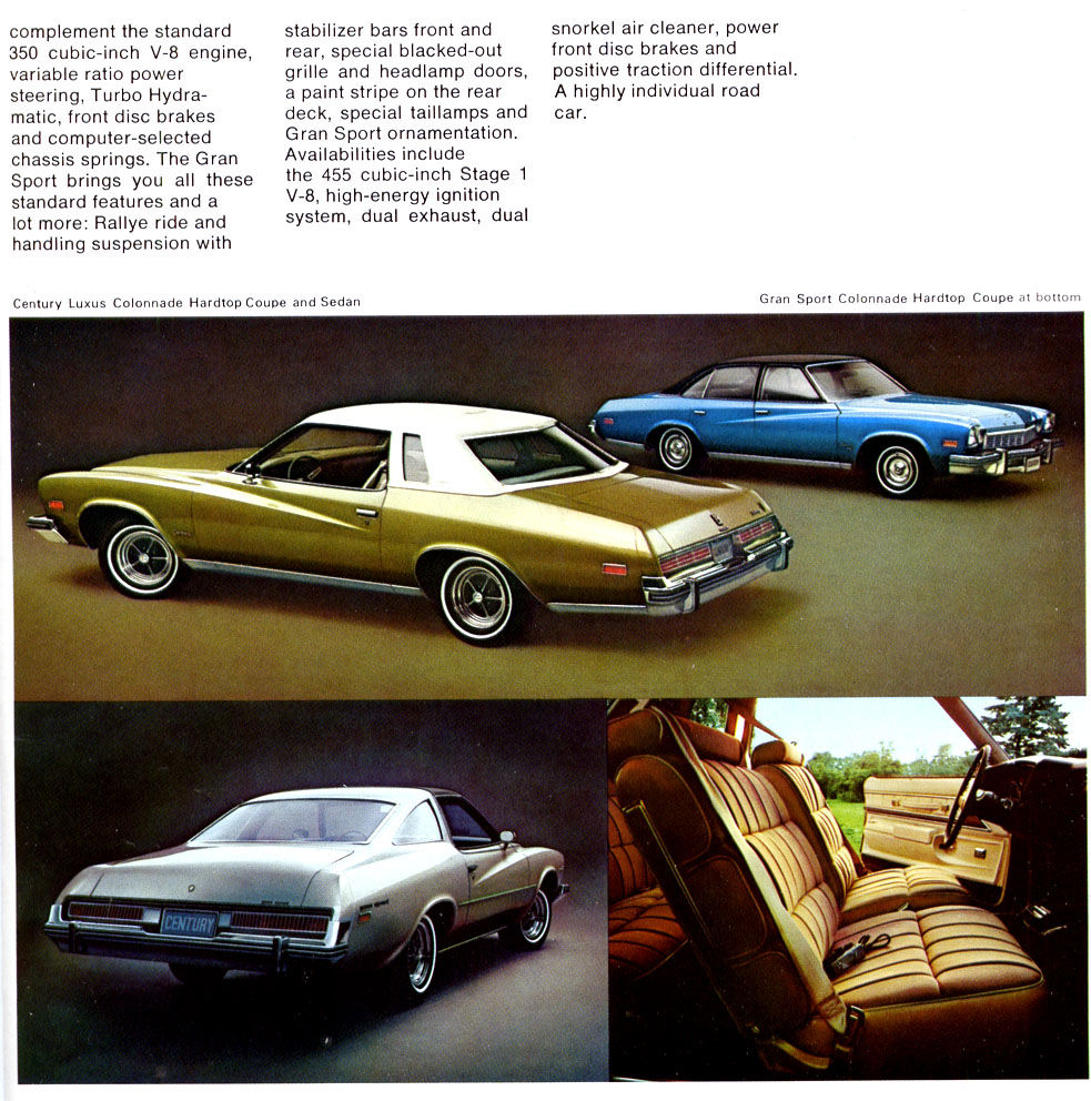 Brochure page: silver 1974 Century Gran Sport colonnade coupe from the rear three-quarter, beneath Century Luxus coupe and sedan
