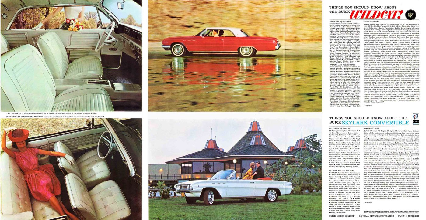 Folder page: red 1962 Buick Wildcat hardtop by the water, interior photos, and a white Skylark convertible