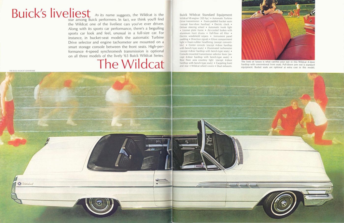 Brochure spread headed "Buick's liveliest... The Wildcat": white 1963 Wildcat convertible in side view