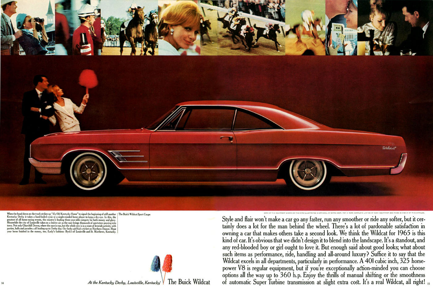 Brochure spread: red 1965 Buick Wildcat hardtop in side view at the Kentucky Derby