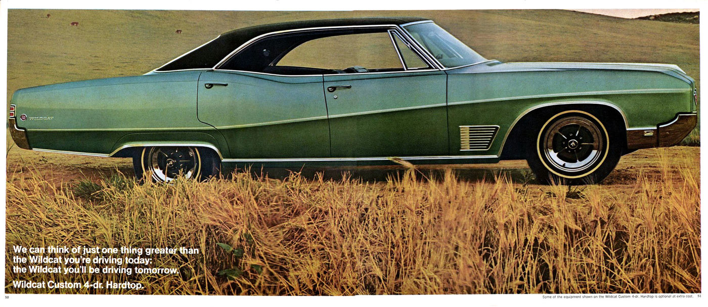 Brochure page: green 1968 Wildcat Custom four-door hardtop with black vinyl top, side view in a wheat field