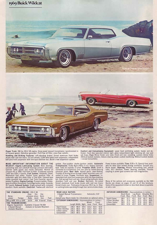 Brochure page: silver 1969 Wildcat Custom sport coupe, a bronze Wildcat four-door and a red convertible, with specifications