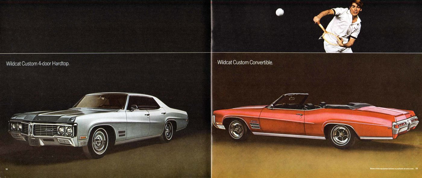Brochure spread: silver 1970 Wildcat Custom four-door hardtop and red Wildcat Custom convertible