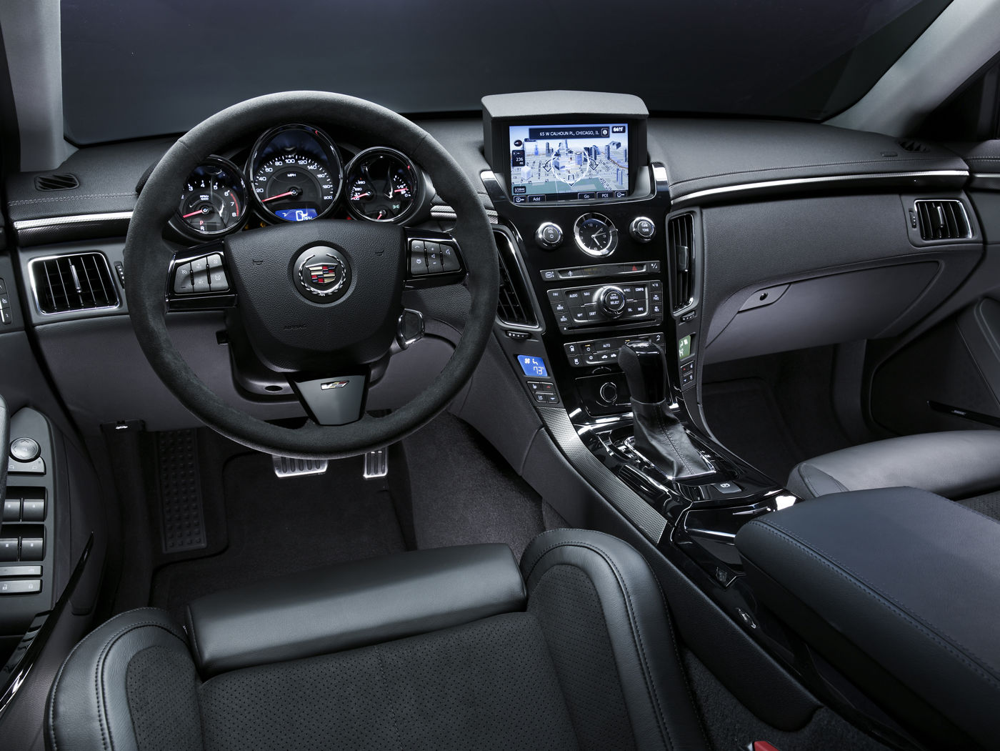 Dashboard, suede steering wheel and sport seats of a 2012 Cadillac CTS-V