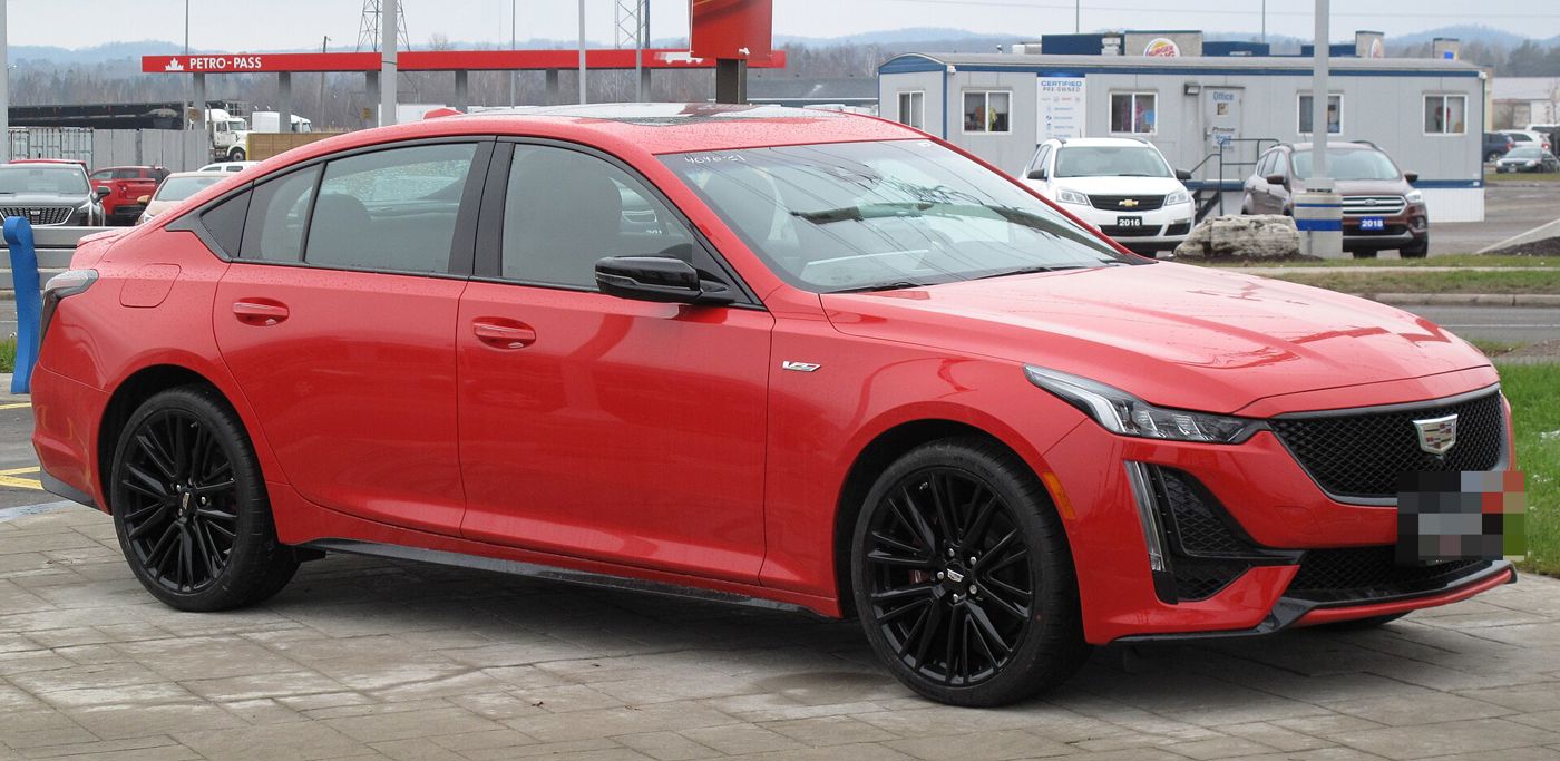 Red 2021 Cadillac CT5-V sedan, front three-quarter