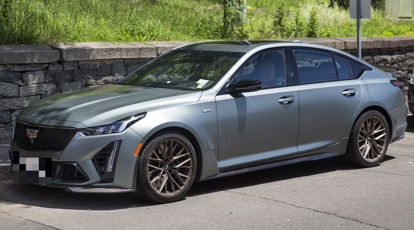 Dark-green matte 2022 Cadillac CT5-V Blackwing, front three-quarter