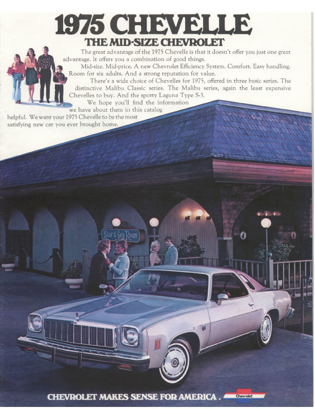 Brochure cover reading 1975 Chevelle, The Mid-Size Chevrolet, with a silver 1975 Malibu Classic Colonnade coupe in front of a restaurant; the text lists the sporty Laguna Type S-3 among the three series