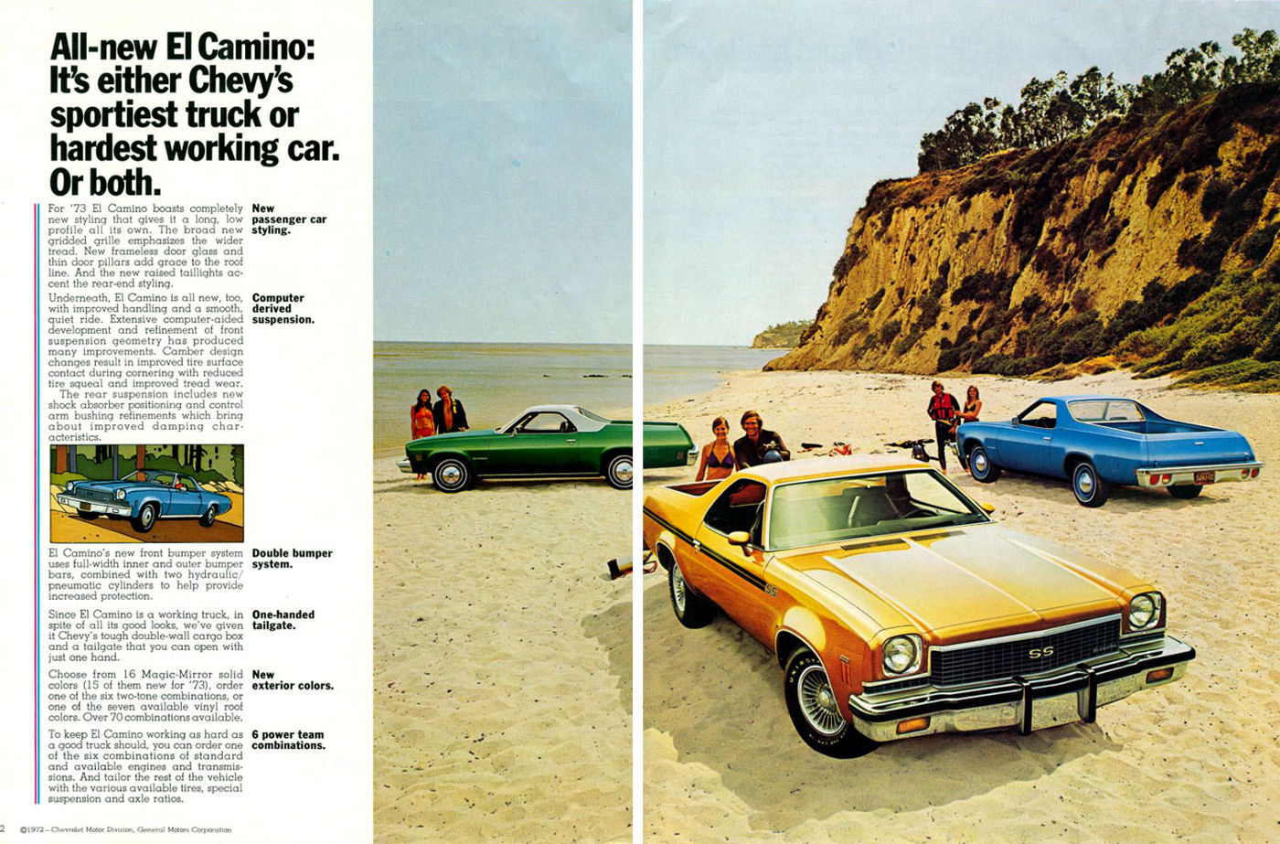 Brochure spread headed All-new El Camino, with a gold 1973 El Camino SS with black stripes and SS grille badge on a beach, and green and blue El Caminos behind it