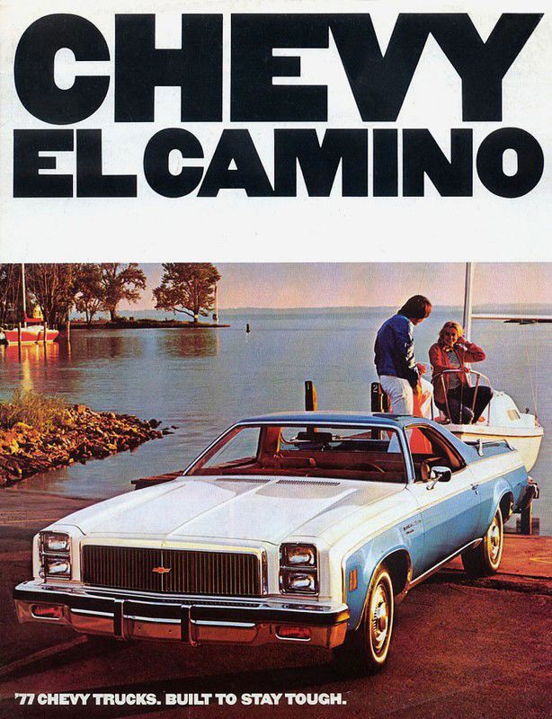 Brochure cover reading Chevy El Camino, with a blue and white 1977 El Camino Classic with stacked rectangular headlamps parked at a boat ramp
