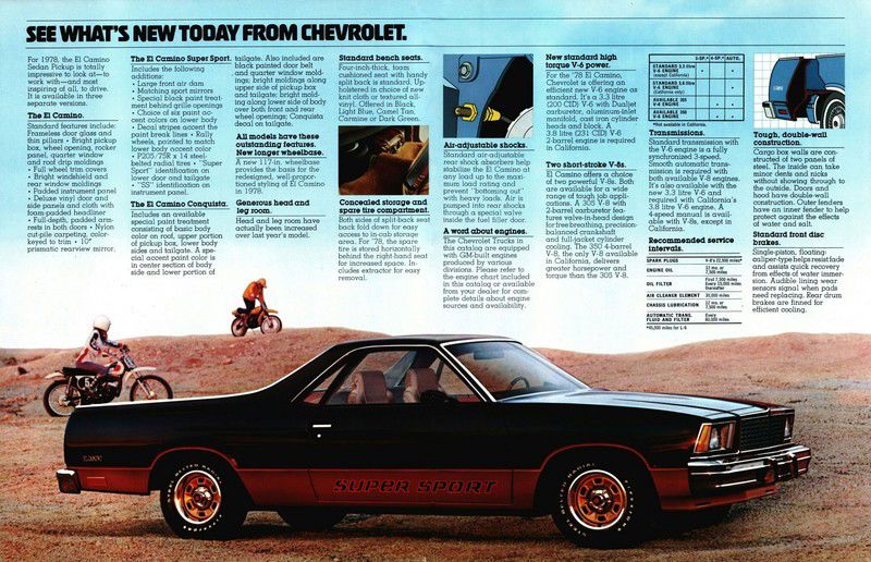 Brochure spread with a black 1978 El Camino Super Sport with red accent paint and Super Sport lettering on the lower body, in the desert with two dirt-bike riders behind it, and text describing the Super Sport equipment