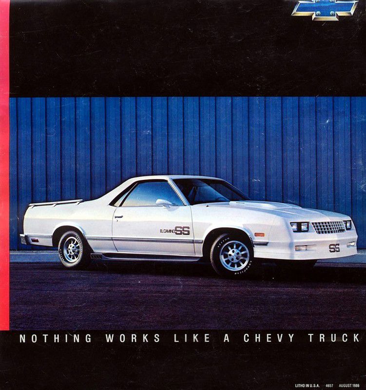 Back cover of the 1987 El Camino brochure: a white El Camino SS with the Monte Carlo SS-style aero nose, El Camino SS door lettering and SS bumper badge, in front of a blue corrugated wall
