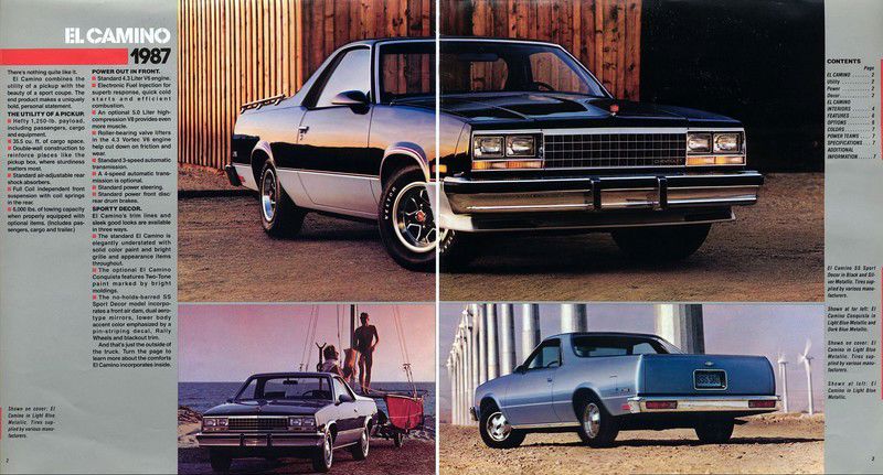 Brochure spread with a black and silver 1987 El Camino SS Sport Decor, front three-quarter, above smaller photos of a black El Camino and a light blue El Camino Conquista