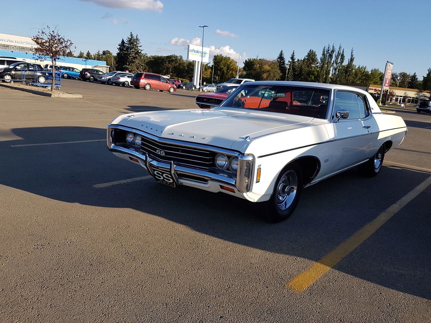 White 1969 Chevrolet Impala SS 427 two-door hardtop in a parking lot, front three-quarter, with SS grille badge and SS fender badge, and a novelty SS 427 plate on the front bumper