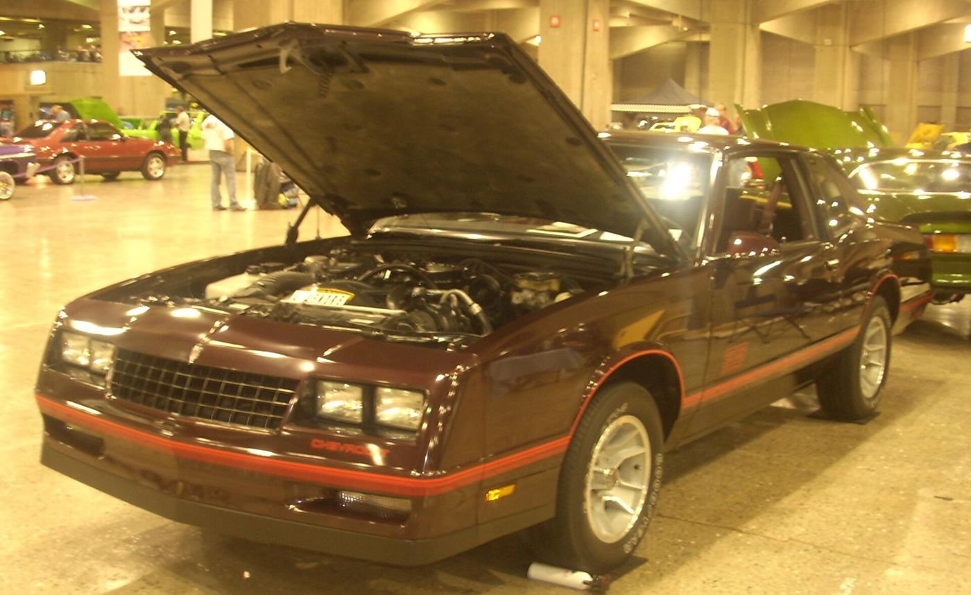 Dark maroon 1988 Chevrolet Monte Carlo SS at an indoor show with its hood raised over the 305 V8, front three-quarter, with red pinstripes and Chevrolet lettering on the bumper