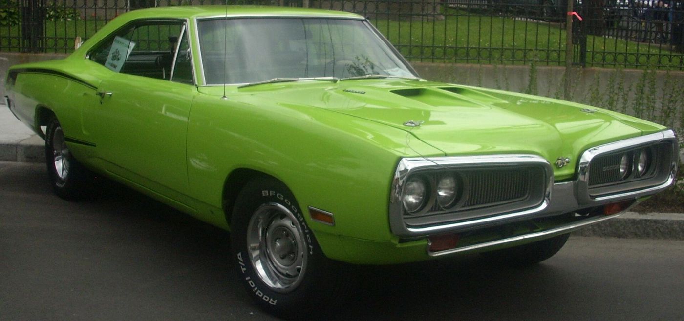 Bright green 1970 Dodge Coronet Super Bee with the divided twin-loop grille, front three-quarter