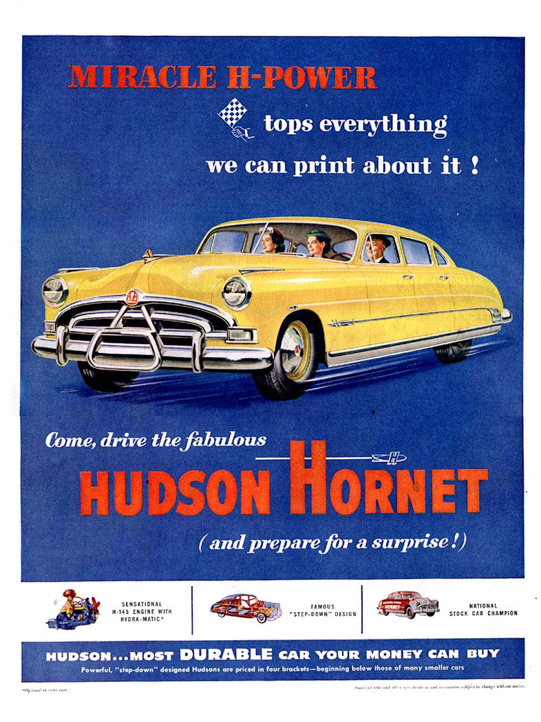 Advertisement with a yellow 1951 Hudson Hornet sedan on blue, with H-145 engine, step-down and stock-car champion insets