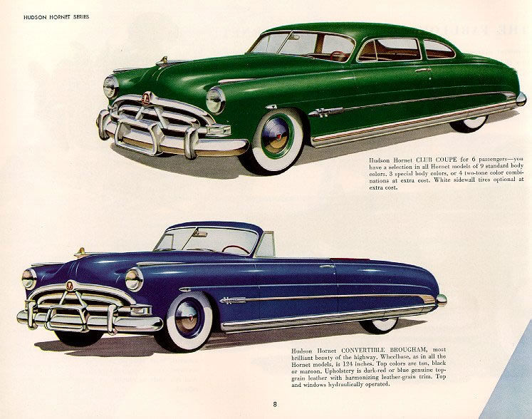 Brochure illustration of a green 1951 Hornet club coupe and a blue Hornet convertible brougham