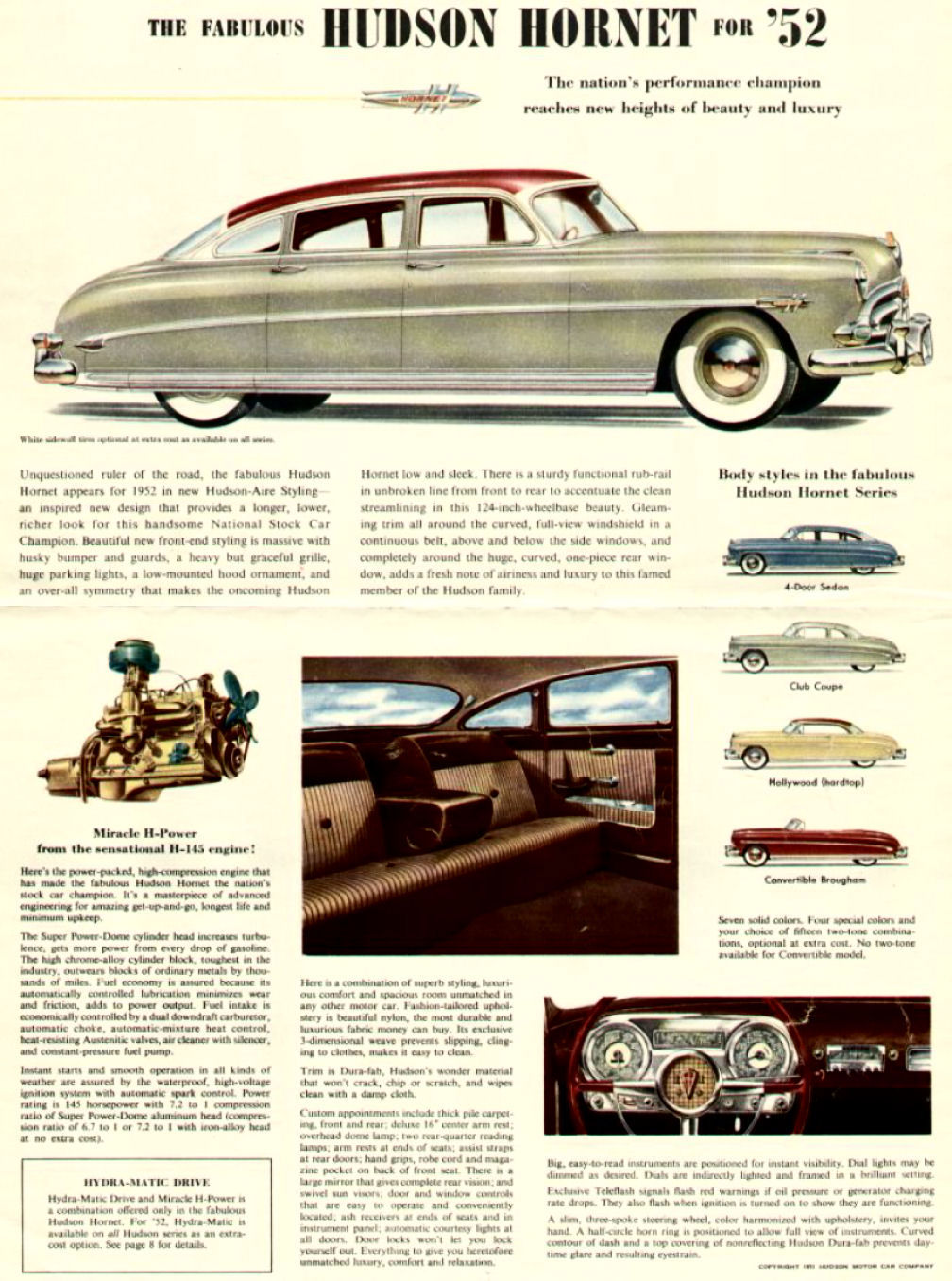 Brochure page with a Hornet sedan side view, the H-145 engine, rear-seat interior, instrument panel and body-style thumbnails