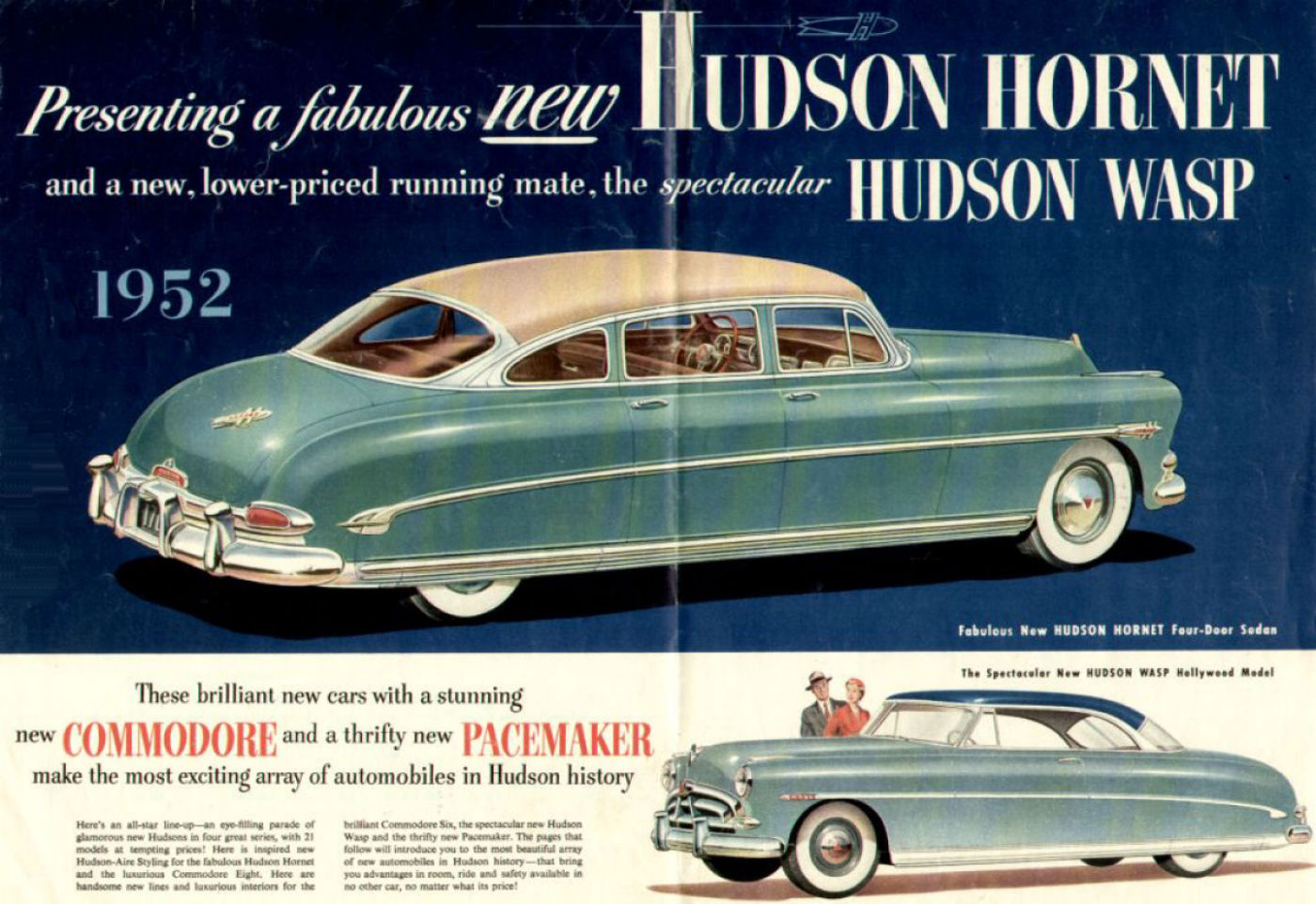 Brochure spread with a green and cream 1952 Hudson Hornet four-door sedan from the rear and a Wasp Hollywood hardtop below