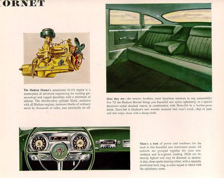 Brochure page with the H-145 engine illustration, green nylon interior and the 1953 Hornet instrument panel