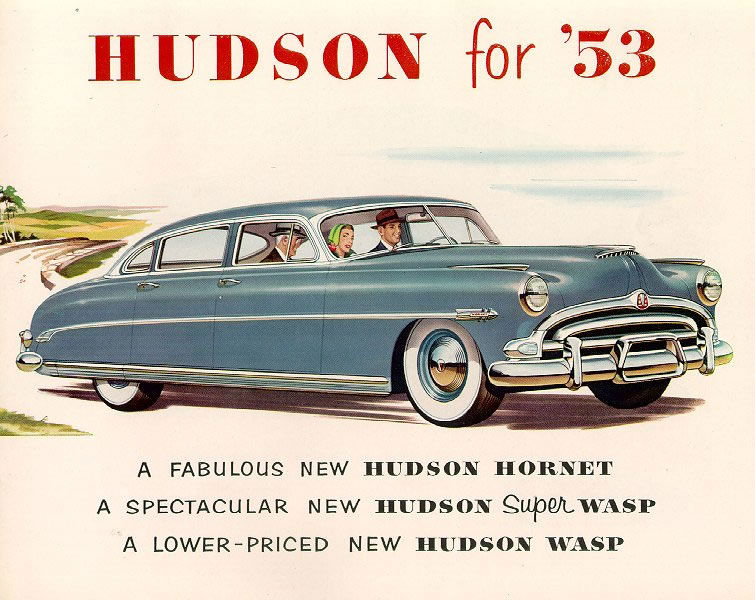 Brochure cover with a blue-grey 1953 Hudson Hornet sedan and occupants, listing Hornet, Super Wasp and Wasp