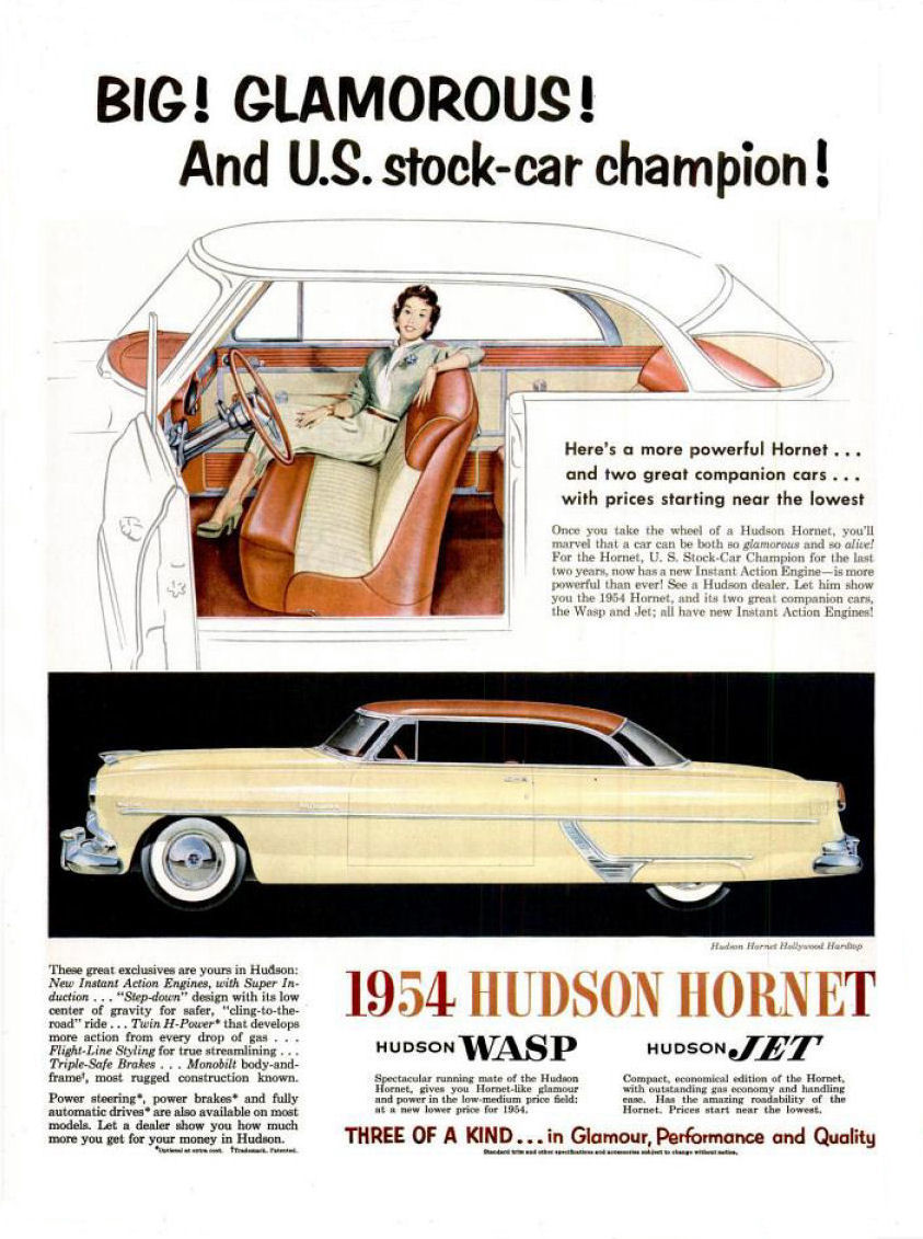 Advertisement with a cream 1954 Hornet Hollywood hardtop with brown roof, and an interior drawing with a woman