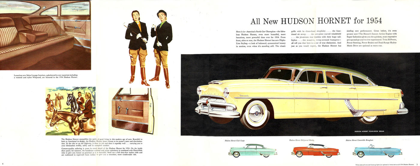 Brochure spread with a yellow 1954 Hudson Hornet sedan, interior fabrics and small colour thumbnails
