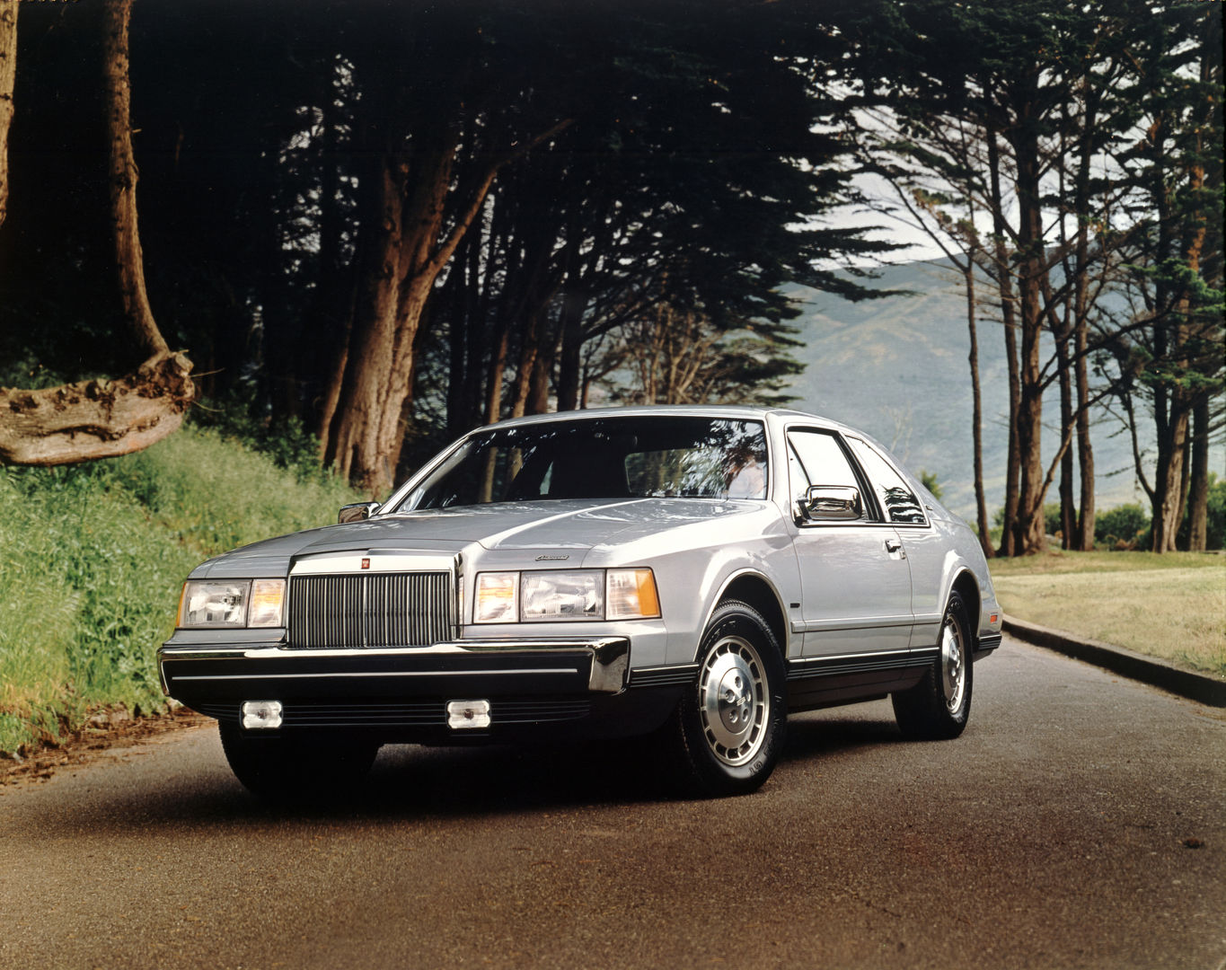 Silver 1984 Lincoln Continental Mark VII coupe on a tree-lined road, front three-quarter view, showing the upright grille, composite headlamps and fog lamps
