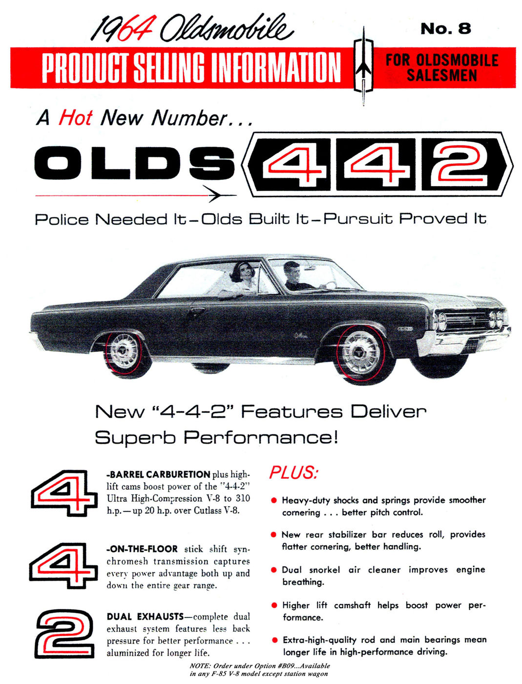 Dealer information sheet headed "A Hot New Number... Olds 4-4-2" with a black 1964 F-85 coupe and a list of 4-4-2 features