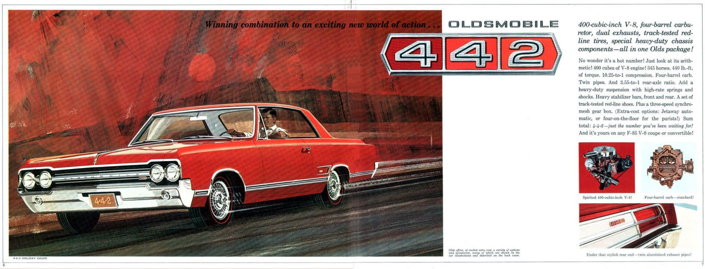 Brochure spread: illustration of a red 1965 Oldsmobile 4-4-2 hardtop with the 4-4-2 emblem and engine insets