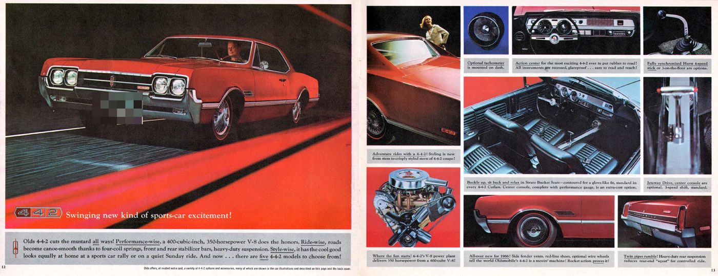 Brochure spread: red 1966 Oldsmobile 4-4-2 coupe, front three-quarter, with photos of the interior, engine and details