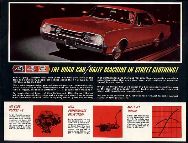 Brochure page: red 1967 4-4-2 hardtop at night with engine, drivetrain and torque-curve panels