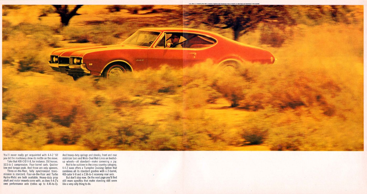 Brochure spread: red 1968 4-4-2 hardtop blurring past desert scrub in side view