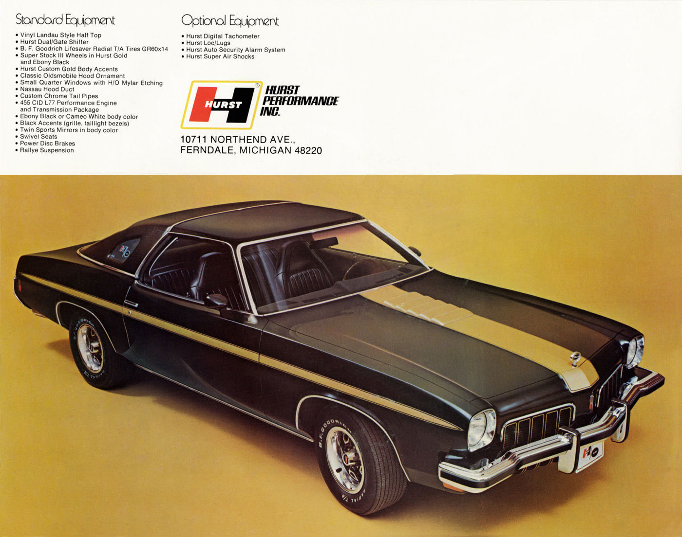 Folder page: black-and-gold 1973 Hurst/Olds colonnade coupe with standard and optional equipment lists and the Hurst Performance logo