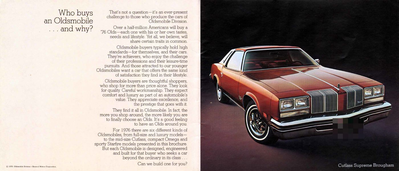 Brochure spread: red 1976 Cutlass Supreme Brougham coupe with vertical-bar grille, front three-quarter, on black