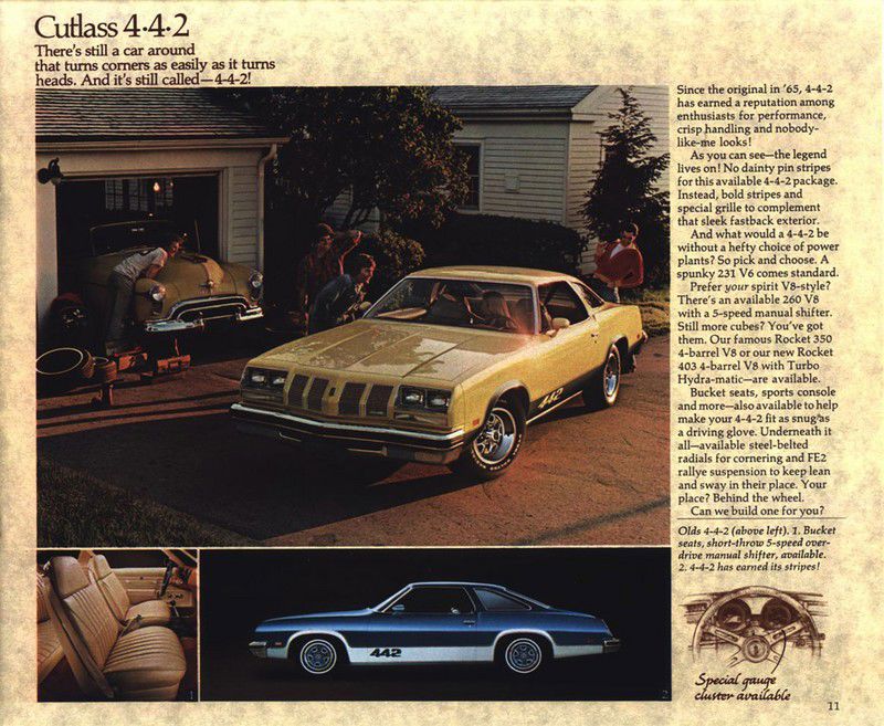 Brochure page headed "Cutlass 4-4-2": gold 1977 4-4-2 coupe outside a garage, with a blue 4-4-2 inset