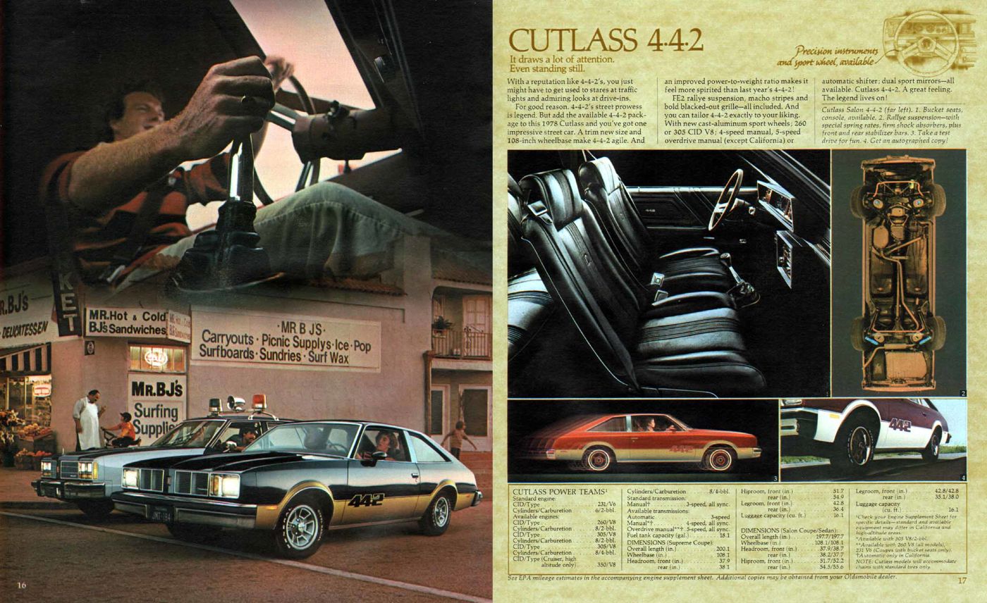 Brochure spread headed "Cutlass 4-4-2": black-and-gold 1978 4-4-2 fastback at a beach snack stand, with interior and chassis photos