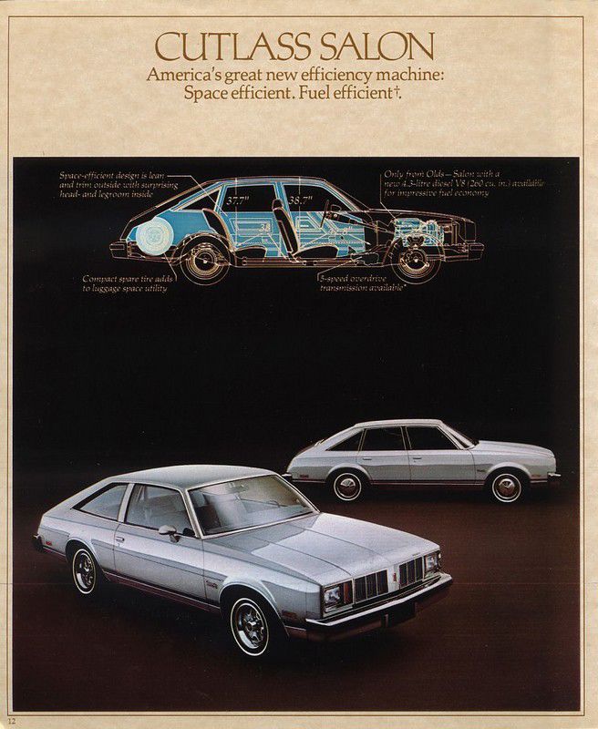 Brochure page headed "Cutlass Salon": silver 1979 Cutlass Salon fastback coupes with a cutaway drawing